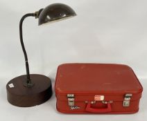 A VINTAGE ANGLE POISE DESK LAMP OF CIRCULAR HARD WOOD BASE - WIRE REMOVED - + VINTAGE SUITCASE.