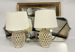 A PAIR OF OPEN BASKET DESIGNER TABLE LAMPS AND SHADE + TWO WALL HANGING DESIGNER MIRRORS.