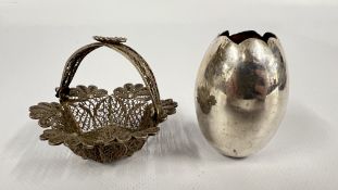 A VINTAGE WHITE METAL OPEN WORK FILIGREE BASKET W 7.