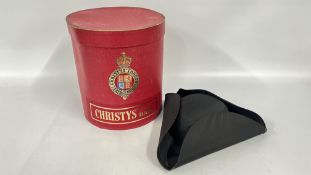 A VINTAGE BLACK SILK TRICORN HAT ALONG WITH A VINTAGE CHRISTYS HAT BOX.