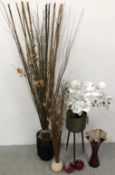 A MODERN DESIGNER PLANTER WITH AN ARTIFICIAL ORCHID + A FURTHER TWO GRASS DISPLAYS + A RED ART