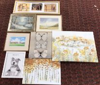 A GROUP OF MODERN WALL ART, CANVAS TO INCLUDE A WATERCOLOUR, JACK VETTRIANO PRINT ETC.