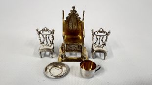 VICTORIAN MINIATURE SILVER CORONATION CHAIR, 2 X SILVER CHAIRS & SILVER CUP & SAUCER.