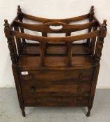 A MAHOGANY THREE DRAWER CANTERBURY, W 52 X D 33 X H 76CM.