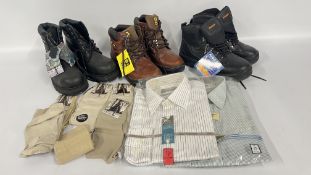 THREE PAIRS OF SAFETY WORK BOOTS, TWO SIZE 9 AND ONE SIZE 10, SOCKS AND TWO SHIRTS.