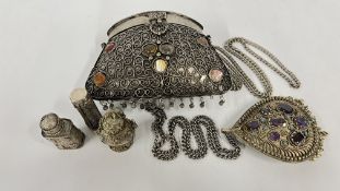 AN ELABORATE VINTAGE INDIAN WHITE METAL SAJAI PURSE SET WITH NATURAL STONES + A SIMILAR WHITE METAL