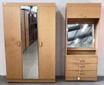 A MODERN BEECH WOOD FINISH TWO DOOR WARDROBE WITH FULL LENGTH MIRROR AND MATCHING 3 DRAWER MIRROR