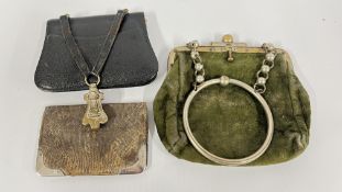 TWO VINTAGE LEATHER / SKIN PURSES BOTH HAVING SILVER MOUNTS + A FURTHER VELVET EXAMPLE.