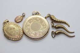 TWO 9CT GOLD PHOTO LOCKETS, 3 X 9CT GOLD PENDANTS + A FURTHER YELLOW METAL COFFEE BEAN PENDANT.