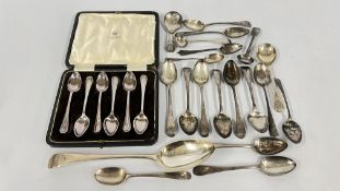 GROUP OF ASSORTED SILVER FLATWARE AND CASED SET OF SIX SILVER PLATED COFFEE SPOONS.