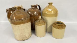 A GROUP OF SALT GLAZED FLAGONS TO INCLUDE LOCAL ADVERTISING BULLARDS NORWICH,