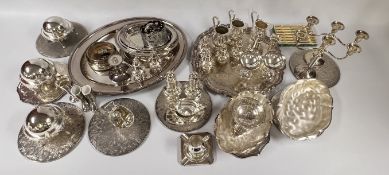 TWO BOXES OF ASSORTED PLATED WARES TO INCLUDE SALVERS, JUGS, COASTERS, PEPPER AND SALT POTS ETC.
