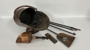 A VINTAGE COPPER COAL SCUTTLE AND VARIOUS FIRESIDE TOOLS.