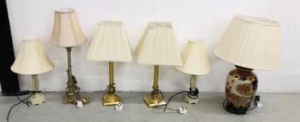 A PAIR OF DESIGNER COLUMN LAMPS WITH SHADES,