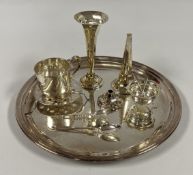 A STERLING SILVER CHRISTENING MUG, PAIR OF SILVER SPILL VASES, SHEFFIELD ASSAY (1 A/F),
