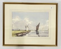 WATERCOLOUR OF A BROADLAND SCENE WITH WHERRY'S SIGNED GRAHAM HOWLETT.