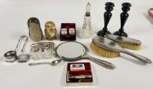 3 PIECE SILVER BACKED BRUSH AND MIRROR SET, PAIR CASED SILVER NAPKIN RINGS, 3 X SILVER RIMMED GLASS,