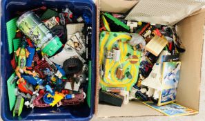 TWO BOXES OF ASSORTED LEGO AND OTHER BUILDING BLOCKS, VEHICLES ETC.