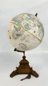 LARGE REPLOGLE WORLD GLOBE ON LION PAW BASE, HEIGHT 28CM - A/F.