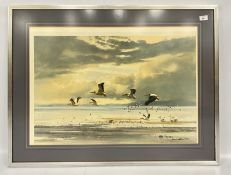 A FRAMED AND MOUNTED PRINT DEPICTING PELICANS BY DONALD GRANT (W 98 X H 74CM INCLUDING FRAME).