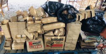 7 X SHEETS 183 X 122CM 3MM HARDBOARD, A LARGE QUANTITY OF WOODEN PUNNETS,