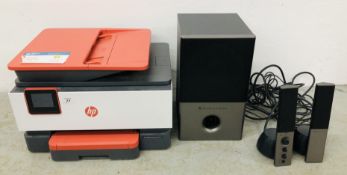HP OFFICE JET PRO 9010 PRINTER (NO CABLE) & ALTEC COMPUTER POWERED AUDIO SYSTEM - SOLD AS SEEN.
