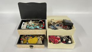 TWO JEWELLERY BOXES & CONTENTS TO INCLUDE BEADED NECKLACES, DONKEY & CART, STONE SET BROOCHES ETC.