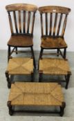 A PAIR OF ELM SEATED SLAT BACK KITCHEN CHAIRS AND THREE VARIOUS RUSH SEATED STOOLS.