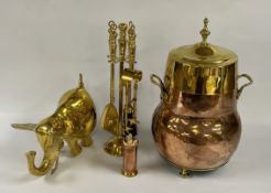 A SOLID BRASS ELEPHANT STUDY, BRASS COMPANION SET + A BRASS & COPPER TWO HANDLED COAL SCUTTLE.