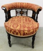EDWARDIAN MAHOGANY INLAID CHAIR WITH ORIGINAL UPHOLSTERY.