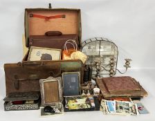 A GROUP OF COLLECTABLE ITEMS TO INCLUDE VINTAGE CANVAS TRUNK, PHOTOGRAPHS, POSTCARDS & EPHEMERA,