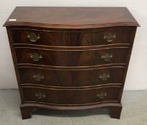 A REPRODUCTION MAHOGANY FINISH SLIM SERPENTINE FRONTED FOUR DRAWER CHEST, W 79CM, D 31CM, H 84CM.
