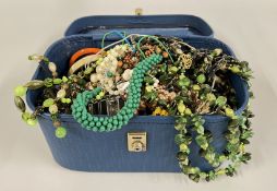 A LARGE BOX OF ASSORTED COSTUME JEWELLERY TO INCLUDE BEADED NECKLACES, TIARA, BROOCHES ETC.