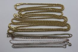 A SET OF 3 ITALIAN GOLD PLATED ON SILVER NECKLACES THE LONGEST 59CM ALONG WITH THREE FURTHER FINE
