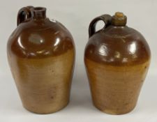 TWO LARGE ANTIQUE SALT GLAZED STONEWARE FLAGONS, HEIGHT 38CM.