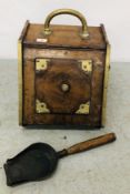 ANTIQUE OAK AND BRASS COAL BOX.