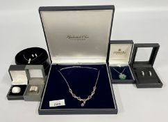 A GROUP OF SILVER BOXED JEWELLERY TO INCLUDE AMETHYST NECKLACE, SILVER AND DIAMOND EARRINGS ETC.