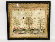 ANTIQUE FRAMED 1794 RELIGIOUS TAPESTRY WITH SILK EMBROIDERY, 59CM X 52CM.