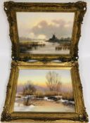 TWO D.F. DANE BROADLAND SCENES, OIL ON CANVAS, IN GILT FRAMES, EACH 34 X 44CM.