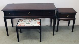 STAG 3 DRAWER DRESSING TABLE WITH TRIPLE MIRROR, STOOL + SINGLE DRAWER BEDSIDE STAND.