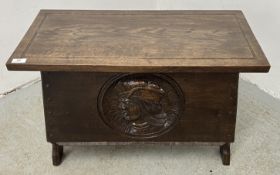 JACK GRIMBLE INGWORTH HAND MADE OAK COFFER WITH CARVED MOTIF - WIDTH 77CM.
