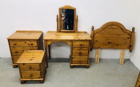 A SUITE OF HONEY PINE BEDROOM FURNITURE TO INCLUDE 3 DRAWER CHEST, 3 DRAWER DRESSING TABLE,