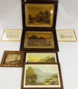 A PAIR OF VINTAGE FARM YARD PRINTS IN ROSEWOOD FRAMES ALONG WITH A PAIR OF OAK FRAMED PRINTS AFTER
