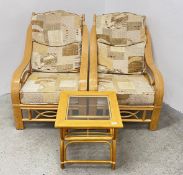 A PAIR OF GOOD QUALITY BENTWOOD AND BAMBOO CONSERVATORY EASY CHAIRS PLUS GLASS TOP LAMP TABLE.