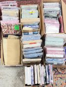 7 X BOXES OF ASSORTED BED LINEN AND CURTAINS, MANY EXAMPLES AS NEW IN SEALED PACKAGES.