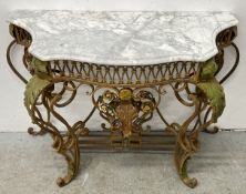 A DECORATIVE WROUGHT METAL HALL TABLE WITH MARBLE TOP, W 100, D 43, H 78CM.