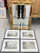 LARGE BEVELLED EDGE GILT FRAMED MIRROR, 86CM X 66CM PLUS 4 HUNTING PRINTS, PARTRIDGE, SNIPE,