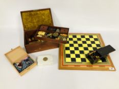 A VINTAGE STYLE BOX AND CONTENTS TO INCLUDE VINTAGE COLLECTABLES, TRAVEL CLOCK,