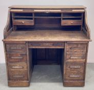 SOLID OAK 7 DRAWER ROLL TOP DESK, W 121 X D 75 X H 115CM.