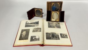 A VINTAGE OAK BOX, VARIOUS ANTIQUE CASED PHOTOGRAPHS TO INCLUDE DAGUERREO TYPE EXAMPLES,
